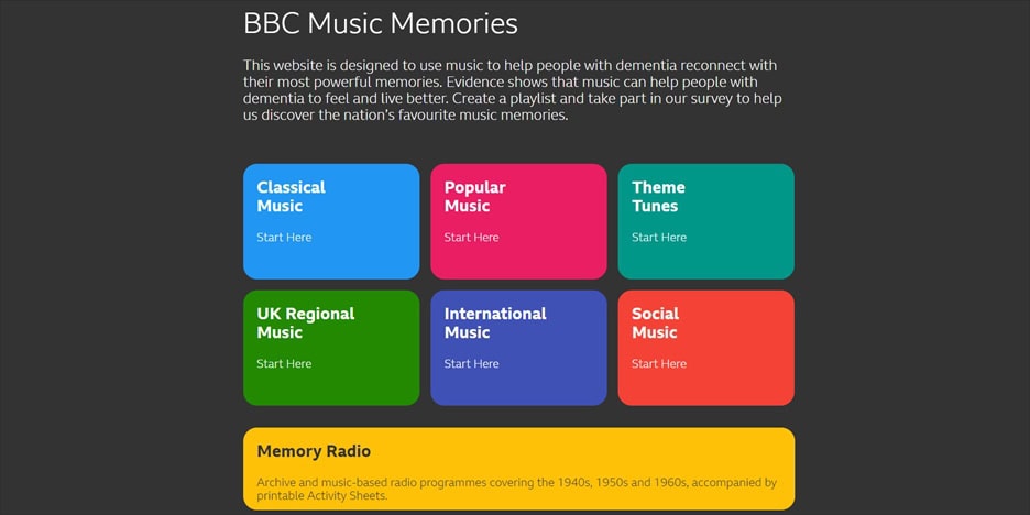 A screenshot of the BBC Music Memories homepage